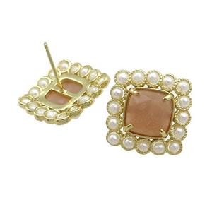 Copper Stud Earrings Pave Peach Sunstone Pearlized Resin Square Gold Plated, approx 17x17mm [GM21118]