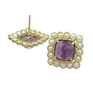 Copper Stud Earrings Pave Amethyst Pearlized Resin Square Gold Plated, approx 17x17mm [GM21120]