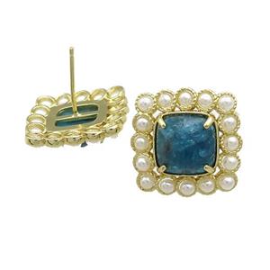 Copper Stud Earrings Pave Apatite Pearlized Resin Square Gold Plated, approx 17x17mm [GM21121]