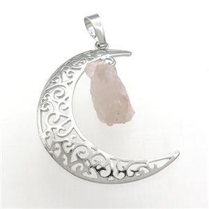 Copper Moon Pendant With Rose Quartz Platinum Plated, approx 10-16mm, 30-40mm [GM21133]