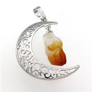 Copper Moon Pendant With Citrine Platinum Plated, approx 10-16mm, 30-40mm [GM21135]