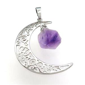 Copper Moon Pendant With Amethyst Platinum Plated, approx 10-16mm, 30-40mm [GM21136]