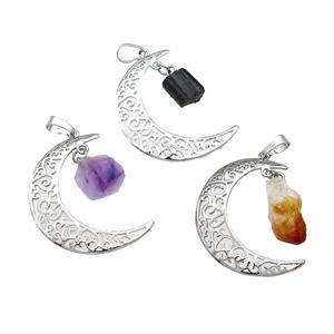 Copper Moon Pendant With Gemstone Platinum Plated Mixed, approx 10-16mm, 30-40mm [GM21137]