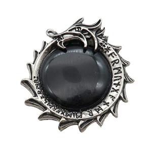 Alloy Dragon Charms Pendant Pave Black Onyx Agate Antique Silver, approx 40mm [GM21149]