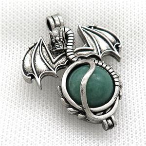 Alloy Dragon Charms Pendant Pave Green Aventurine Antique Silver, approx 16mm, 36-50mm [GM21163]