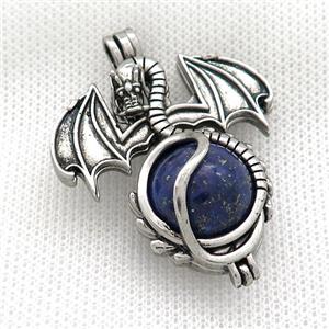 Alloy Dragon Charms Pendant Pave Blue Lapis Lazuli Antique Silver, approx 16mm, 36-50mm [GM21167]