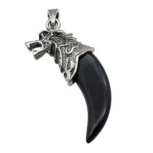 Alloy Wolf Pendant Pave Black Obsidian Antique Silver, approx 20-55mm [GM21172]