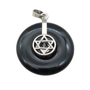 Natural Black Obsidian Donut Pendant With Alloy David Star, approx 30mm [GM21182]