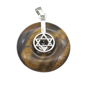 Natural Tiger Eye Stone Donut Pendant With Alloy David Star, approx 30mm [GM21184]
