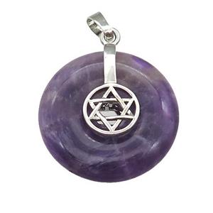 Natural Purple Amethyst Donut Pendant With Alloy David Star, approx 30mm [GM21186]
