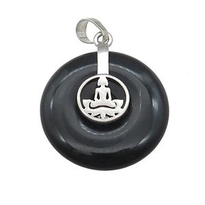 Black Obsidian Donut Pendant With Alloy Buddha OM, approx 30mm [GM21191]