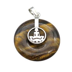Natural Tiger Eye Stone Donut Pendant With Alloy Buddha OM, approx 30mm [GM21193]