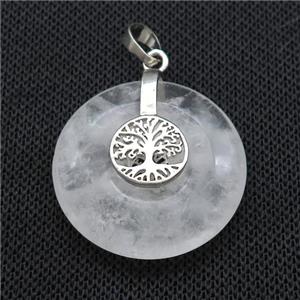Natural Clear Quartz Donut Pendant With Alloy Tree Of Life, approx 30mm [GM21197]