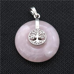 Natural Pink Rose Quartz Donut Pendant With Alloy Tree Of Life, approx 30mm [GM21199]