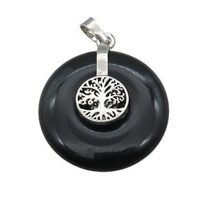 Natural Black Obsidian Donut Pendant With Alloy Tree Of Life, approx 30mm [GM21200]