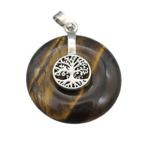 Natural Tiger Eye Stone Donut Pendant With Alloy Tree Of Life, approx 30mm [GM21202]
