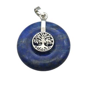Natural Blue Lapis Lazuli Donut Pendant With Alloy Tree Of Life, approx 30mm [GM21203]