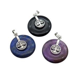 Natural Gemstone Donut Pendant With Alloy Tree Of Life Mixed, approx 30mm [GM21205]