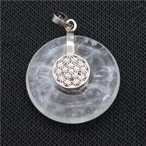 Natural Clear Quartz Donut Pendant With Alloy Flower Of Life, approx 30mm [GM21206]