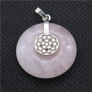 Natural Pink Rose Quartz Donut Pendant With Alloy Flower Of Life, approx 30mm [GM21208]