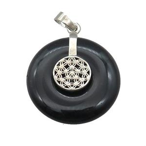 Natural Black Obsidian Donut Pendant With Alloy Flower Of Life, approx 30mm [GM21209]