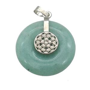 Natural Green Aventurine Donut Pendant With Alloy Flower Of Life, approx 30mm [GM21210]