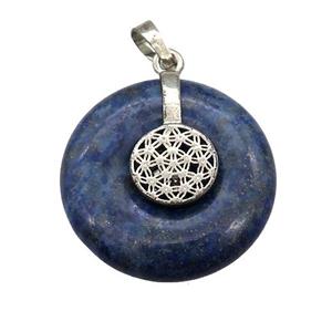 Natural Blue Lapis Lazuli Donut Pendant With Alloy Flower Of Life, approx 30mm [GM21212]