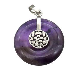 Natural Purple Amethyst Donut Pendant With Alloy Flower Of Life, approx 30mm [GM21213]