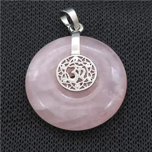 Natural Pink Rose Quartz Donut Pendant With Alloy Chakra OM Symbol, approx 30mm [GM21217]