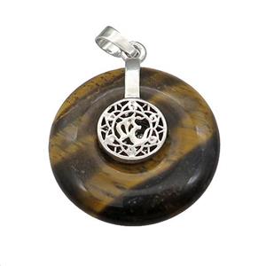 Natural Tiger Eye Stone Donut Pendant With Alloy Chakra OM Symbol, approx 30mm [GM21220]