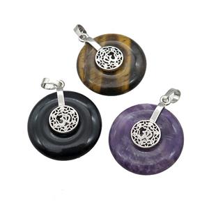 Natural Gemstone Donut Pendant With Alloy Chakra OM Symbol Mixed, approx 30mm [GM21223]