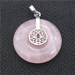 Natural Pink Rose Quartz Donut Pendant With Alloy Buddhist Lotus, approx 30mm [GM21226]