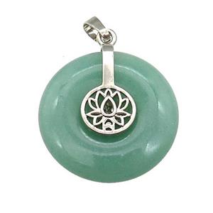 Natural Green Aventurine Donut Pendant With Alloy Buddhist Lotus, approx 30mm [GM21228]