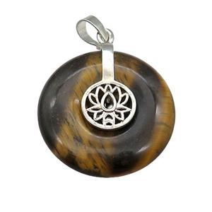 Natural Tiger Eye Stone Donut Pendant With Alloy Buddhist Lotus, approx 30mm [GM21229]