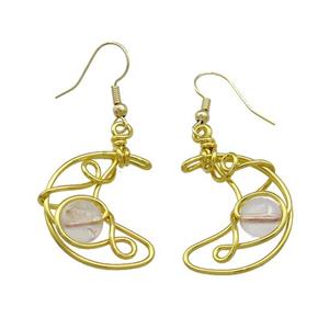 Copper Hook Earrings Moon With Clear Quartz Wire Wrapped Gold Plated, approx 8mm, 20-25mm [GM21289]