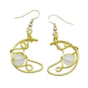 Copper Hook Earrings Moon With White Opalite Wire Wrapped Gold Plated, approx 8mm, 20-25mm [GM21290]