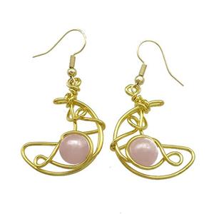 Copper Hook Earrings Moon With Rose Quartz Wire Wrapped Gold Plated, approx 8mm, 20-25mm [GM21291]
