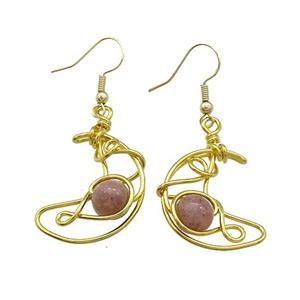 Copper Hook Earrings Moon With Pink Strawberry Quartz Wire Wrapped Gold Plated, approx 8mm, 20-25mm [GM21292]