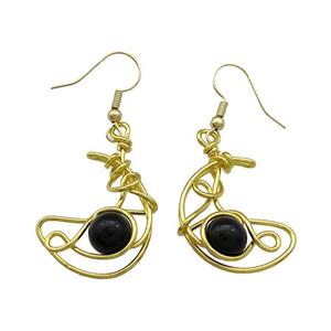 Copper Hook Earrings Moon With Black Obsidian Wire Wrapped Gold Plated, approx 8mm, 20-25mm [GM21293]