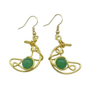 Copper Hook Earrings Moon With Green Aventurine Wire Wrapped Gold Plated, approx 8mm, 20-25mm [GM21294]
