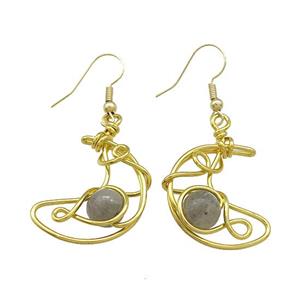 Copper Hook Earrings Moon With Labradorite Wire Wrapped Gold Plated, approx 8mm, 20-25mm [GM21295]