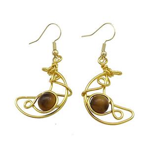 Copper Hook Earrings Moon With Tiger Eye Stone Wire Wrapped Gold Plated, approx 8mm, 20-25mm [GM21296]