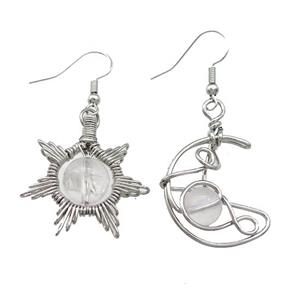 Copper Hook Earring Star Moon With Clear Quartz Wire Wrapped Platinum Plated, approx 8mm, 10mm, 25mm [GM21299]