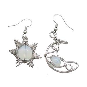 Copper Hook Earring Star Moon With Opalite Wire Wrapped Platinum Plated, approx 8mm, 10mm, 25mm [GM21300]