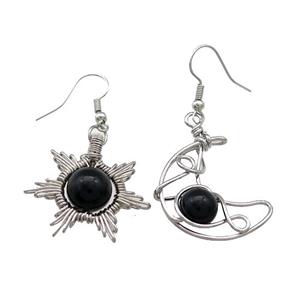 Copper Hook Earring Star Moon With Black Obsidian Wire Wrapped Platinum Plated, approx 8mm, 10mm, 25mm [GM21301]