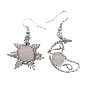 Copper Hook Earring Star Moon With Rose Quartz Wire Wrapped Platinum Plated, approx 8mm, 10mm, 25mm [GM21302]