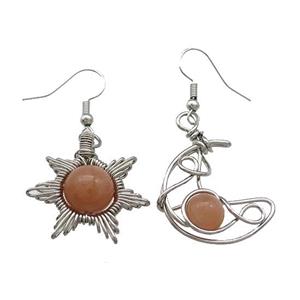 Copper Hook Earring Star Moon With Peach Moonstone Wire Wrapped Platinum Plated, approx 8mm, 10mm, 25mm [GM21303]