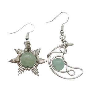 Copper Hook Earring Star Moon With Green Aventurine Wire Wrapped Platinum Plated, approx 8mm, 10mm, 25mm [GM21304]