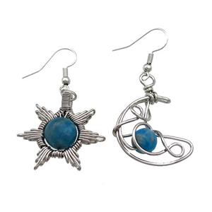 Copper Hook Earring Star Moon With Blue Apatite Wire Wrapped Platinum Plated, approx 8mm, 10mm, 25mm [GM21307]