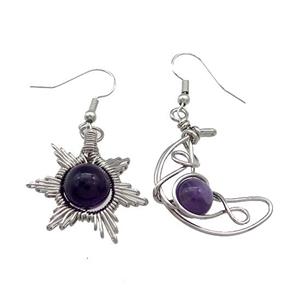 Copper Hook Earring Star Moon With Purple Amethyst Wire Wrapped Platinum Plated, approx 8mm, 10mm, 25mm [GM21308]